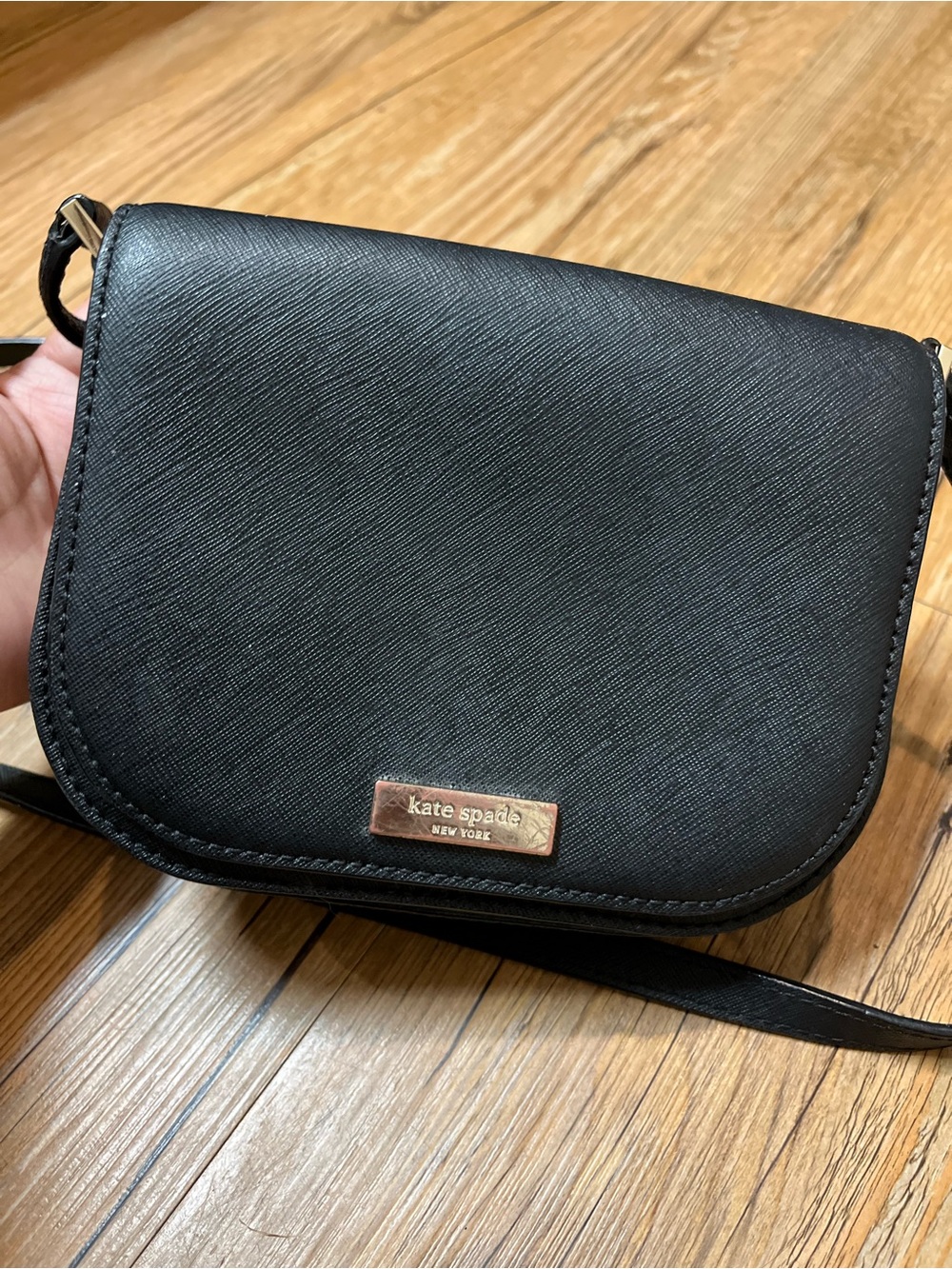 Kate Spade Black Crossbody Bag Small Saffiano Leather Gold Logo